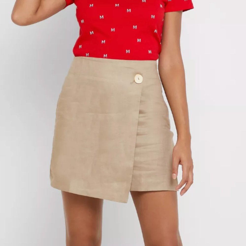 Mango Beige Linen Button Detail Wrap Mini Skirt Size US 6